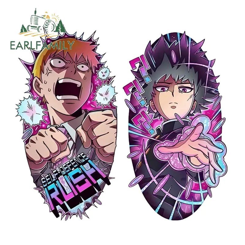 EARLFAMILY 13cm × 6.8cm Mob anime Design Car Stickers Creative Rearview Mirror Tuya Decals Waterproof Sunscreen Car Gadget