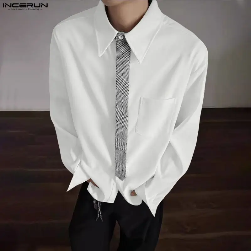 

INCERUN Мужская рубашка в стиле пэчворк с лацканами и длинным рукавом, свободная мужская одежда в корейском стиле, уличная одежда, модные повседневные топы, мужские рубашки S-5XL