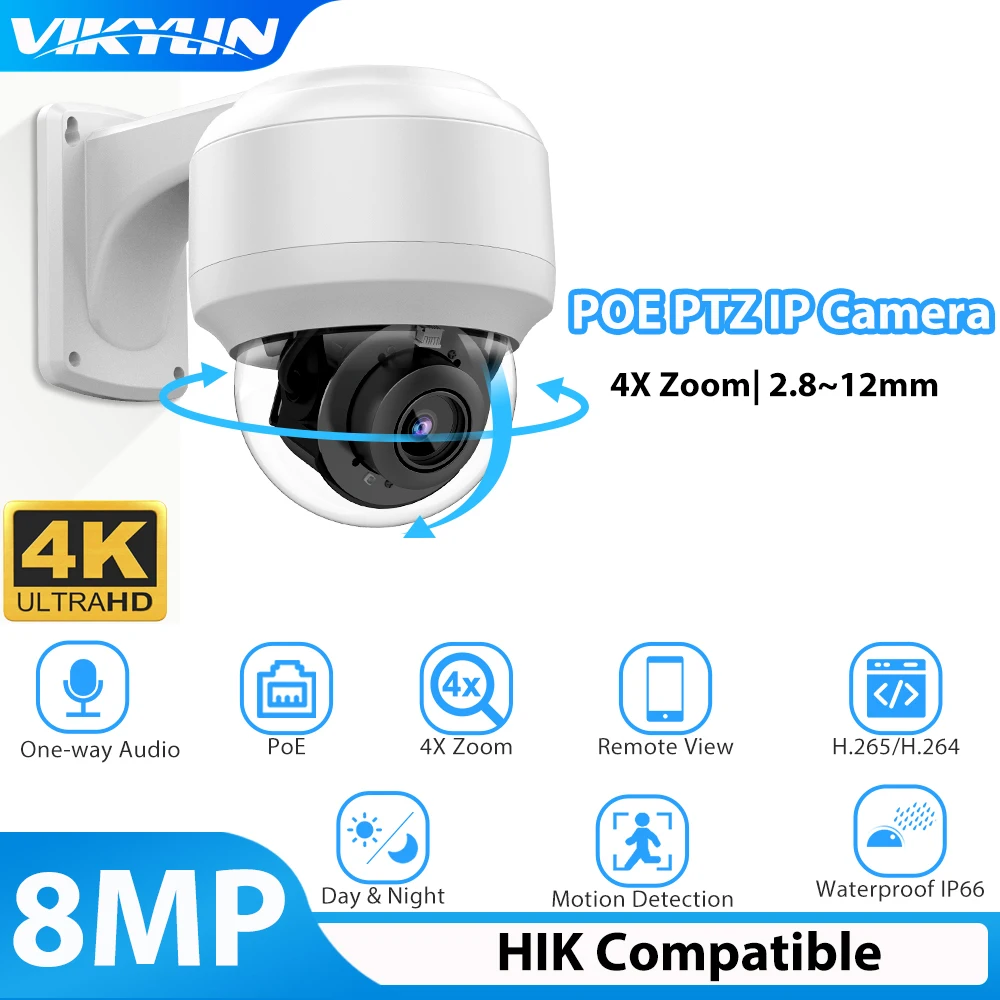 Vikylin-ptz ip屋外セキュリティカメラ、8mp、4k、ptz、poe、4x光学ズーム、スピードドームik10、人間車の検出、マイク付き