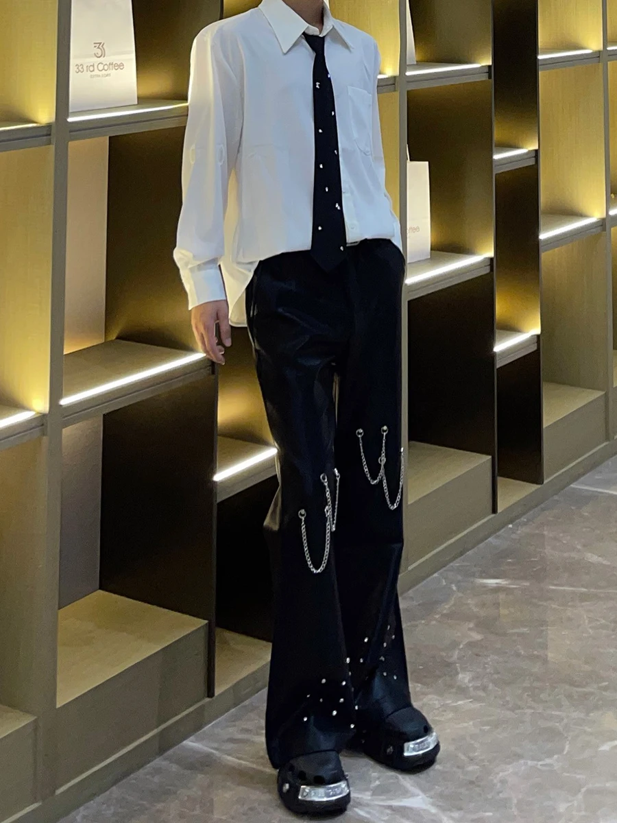 Korean Heavy Industry Rivet Chain Design Sense Black Trousers Men's Fashion Trend Loose  Rivet Chain High Street Casual Trousers