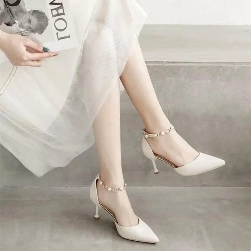 High heels sandals women's summer new Korean version with shallow toe cap, pointed toe, straight buckle strap women's sandals