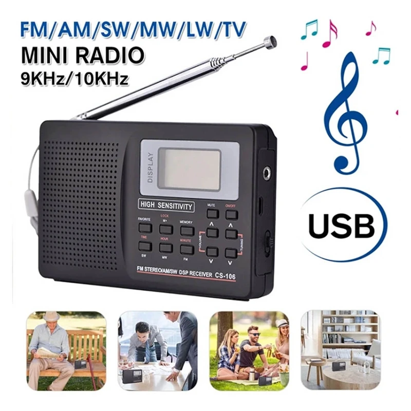 Полнодиапазонное радио AM/SW/LW/TV/FM-радио, полночастотный приемник, прием FM-радио с таймером и будильником, портативное радио