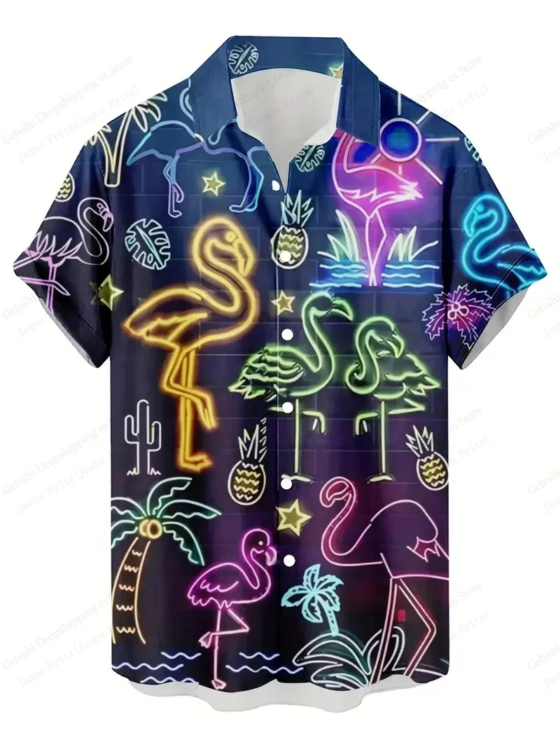 Summer Men's Button-down Hawaiian Print Loose Shirt with Flamingo Print Cool and Breathable for Beach Vacation Mainstream model
