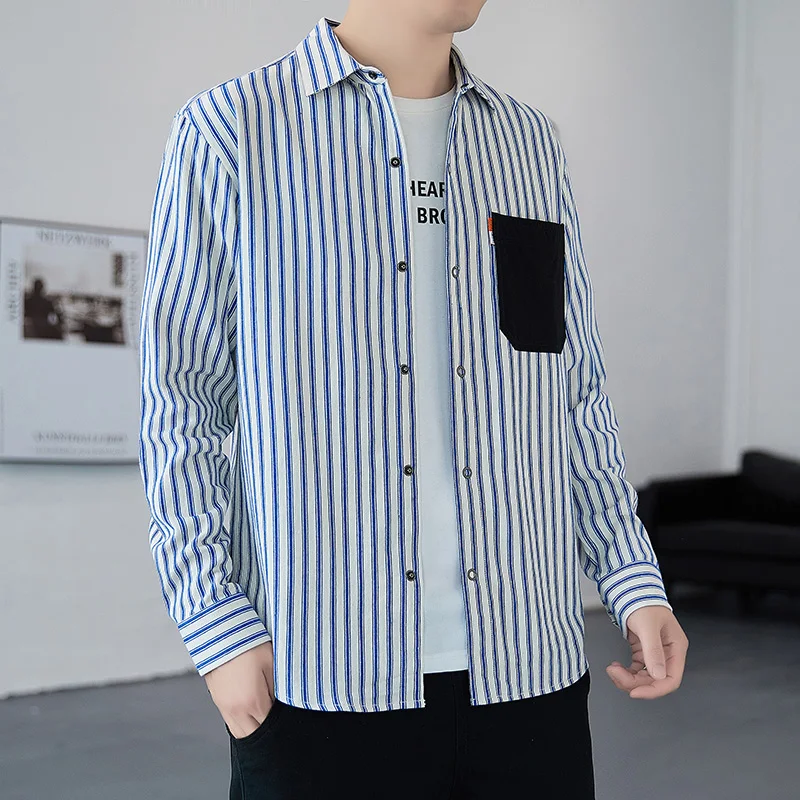 Spring Autumn Men's Button Turn-down Collar Solid Pockets Striped Long Sleeve Cardigan Shirt Coats Casual England Style Tops