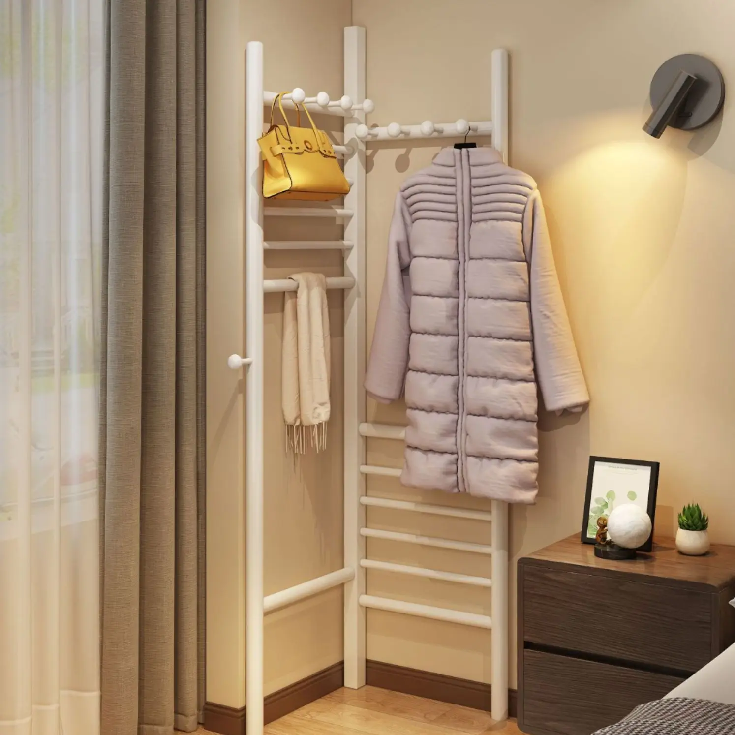 Corner coat rack saves space, bedroom floor-to-floor solid wood household clothes hanger, simple clothes drying rack beside the