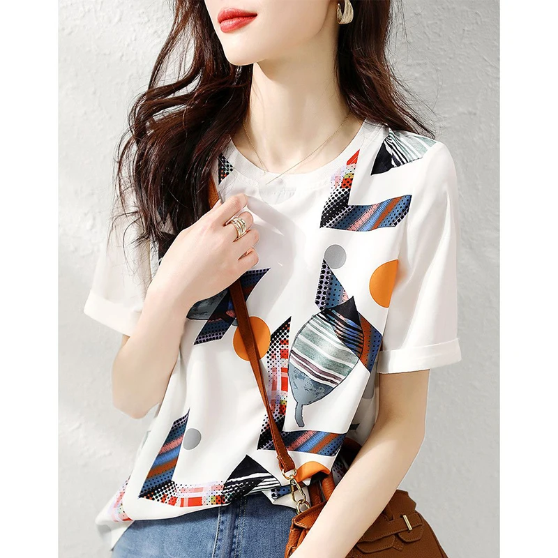 

Fashion O-Neck Short Sleeve Printed Geometric Blouses Women's Clothing 2025 Summer New Loose Korean Tops All-match Shirts