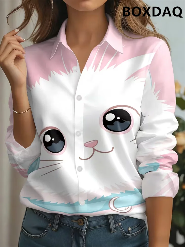 Animal Cat Pattern Printed Women's Blouse 2026 Autumn And Winter Casual Long Sleeved Lapel Button Loose Shirts Ladies' Tops