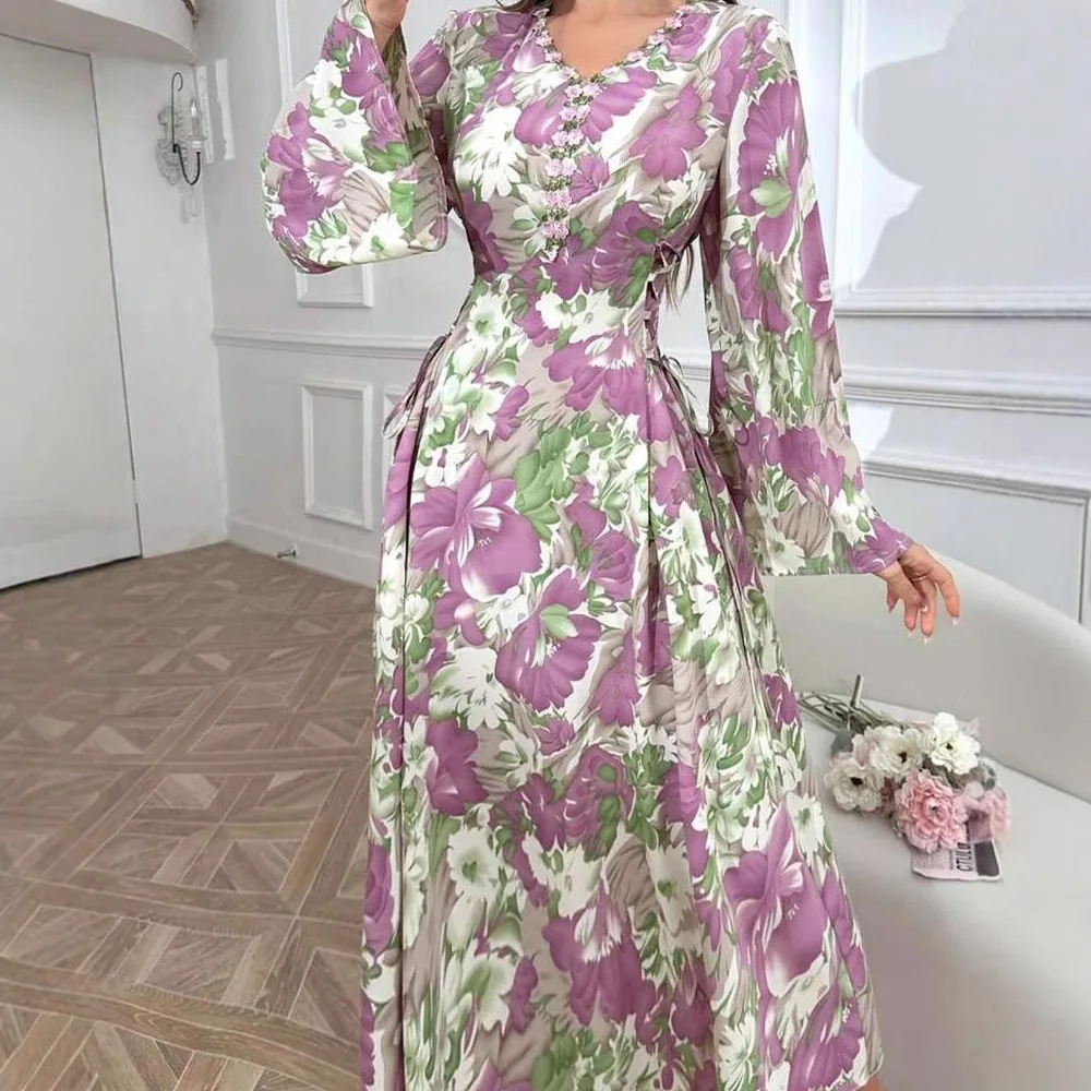 Faionable Bedruckter langer Sve Dr Ele A-Linien-Rock mit hoher Taille V-Ne Summer Commute Sle Chinesischer Hersteller