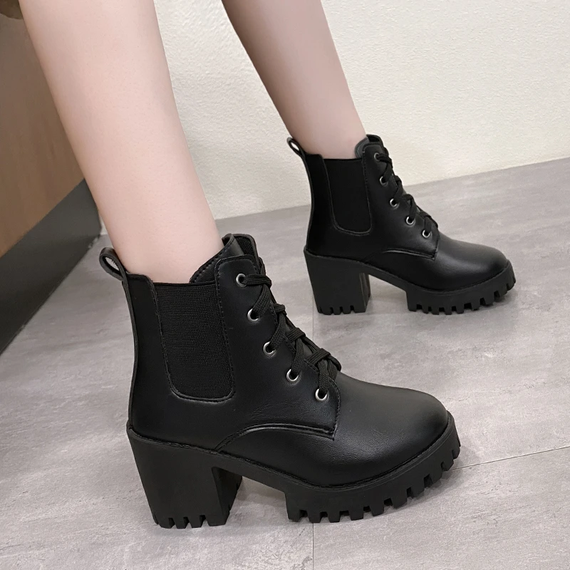 

Women Retro Round Toe Chunky Heels Ankle Boots Autumn New High Heels Shoes Woman Lace Up Platform Short Booties Big Size 35-43