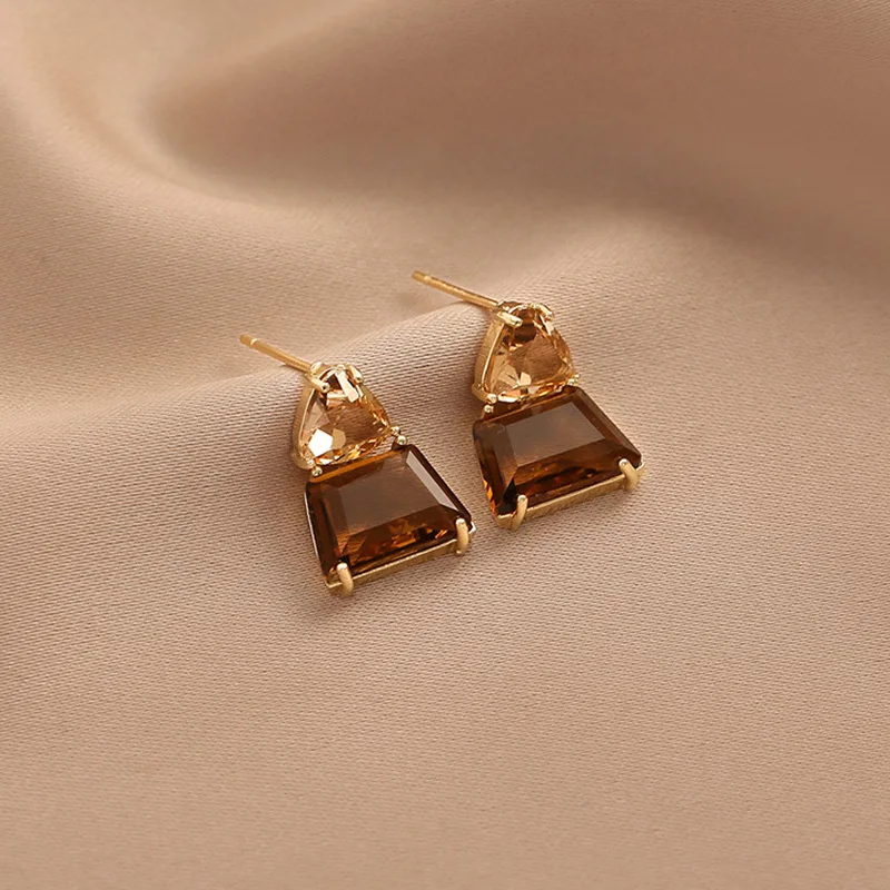 Geometric Trapezoidal Crystal Drop Earrings For Women Vintage Korean Fashion Jewelry Wedding Party Girl Elegance