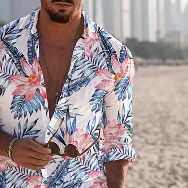 Camisa havaiana de manga comprida masculina, blusa de botão, havaiana, verão, feriado, 2022