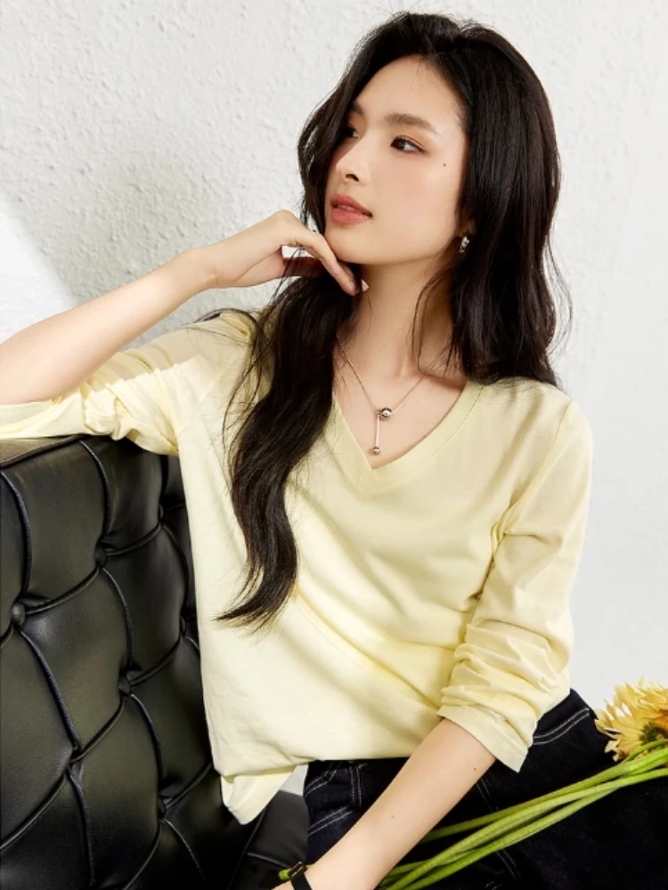 

VIMLY Solid Long Sleeve Knitted Short Sleeve Tee Women's Autumn 2025 Casual V-neck Slim Fitting Female Top Ladies Clothes A2022