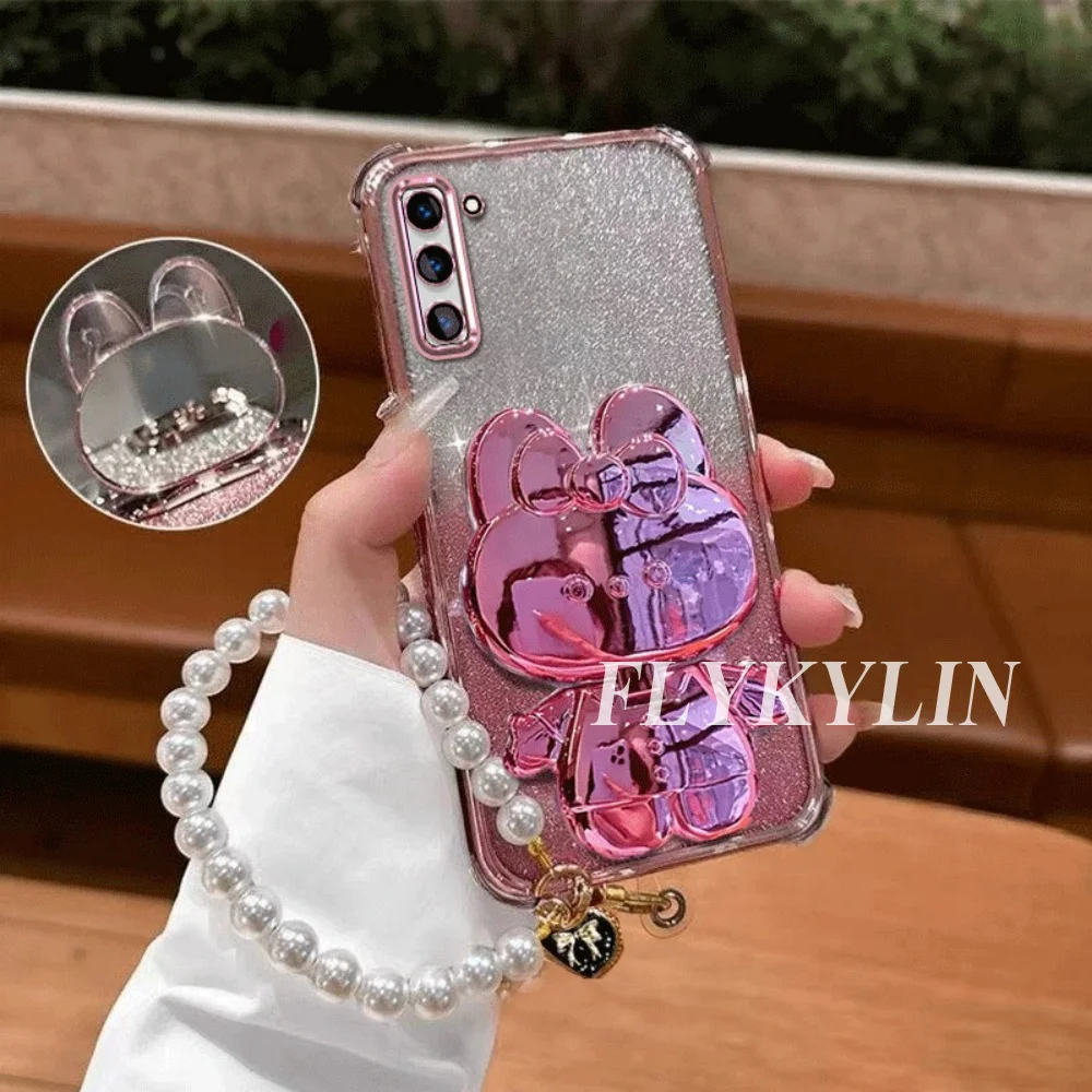 For Samsung A51 A31 A21S A50 A20 A30 A70 A71 Note 20 10 Rabbit Mirror Holder With Pearl Chain Glitter Protective Soft Shell