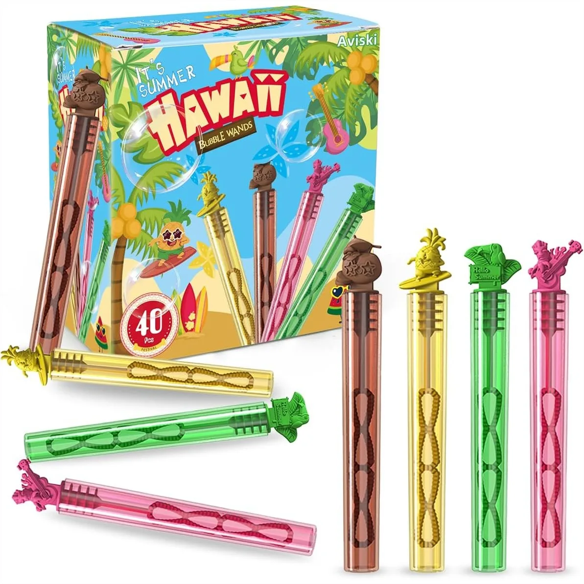 

40PCS Hawaiian Bubble Wands for Tropical Party Favors, Summer Gift Toys for Kids Toddlers with Coconut Tiki Pineapple Designs