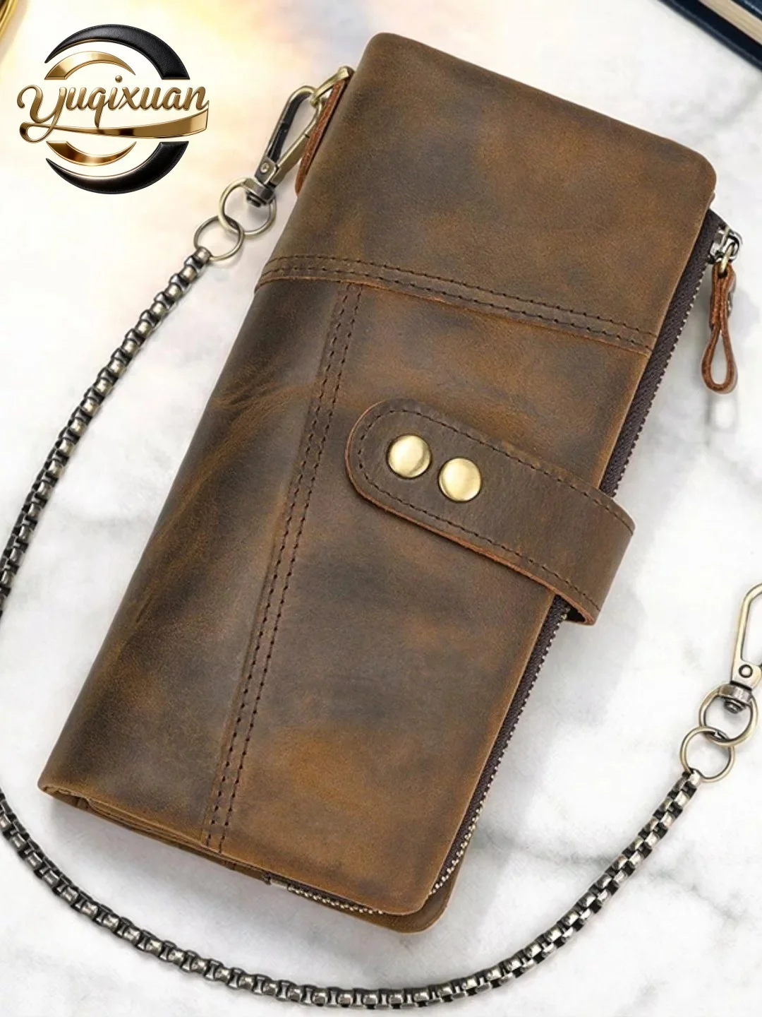 yuqixuan-retro-colored-leather-wallet-long-men's-multi-slot-genuine-leather-iron-chain-wallet-fashionable-splicing-design