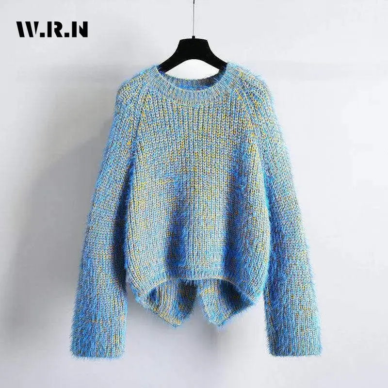 2024 Autumn Winter Casual Y2K Knitting Long Sleeve Pullovers For Women Vintage Loose Fit Blue Cozy Knitwear Sweater Top