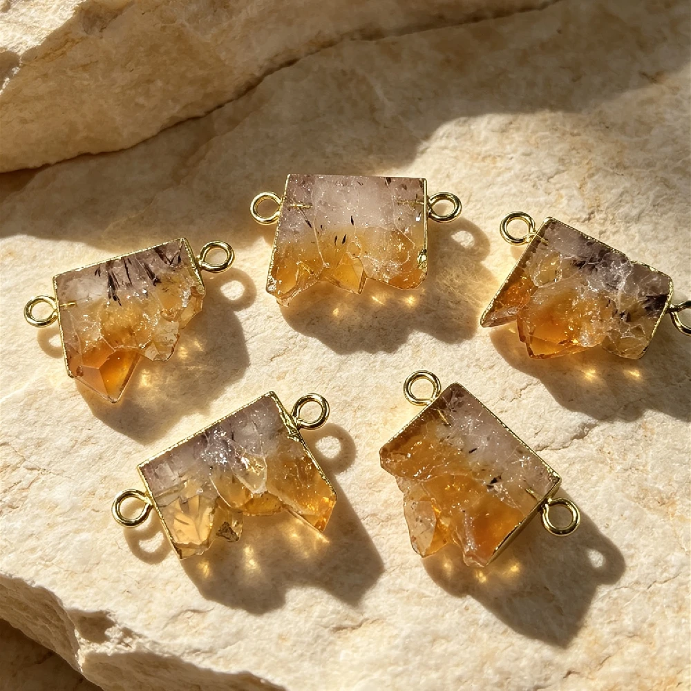 Raw Gradient Citrine Connector Charms Irregular Natural Slice Stone Double Loop Golden Plated Bezel DIY Wrist Craft P2D1058