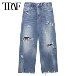 TRAF Women's Denim Pants Hole Baggy Pants Autumn High Waisted Pants Woman Wide Leg Jeans Trousers Ladies Fashion Long Pants 2024