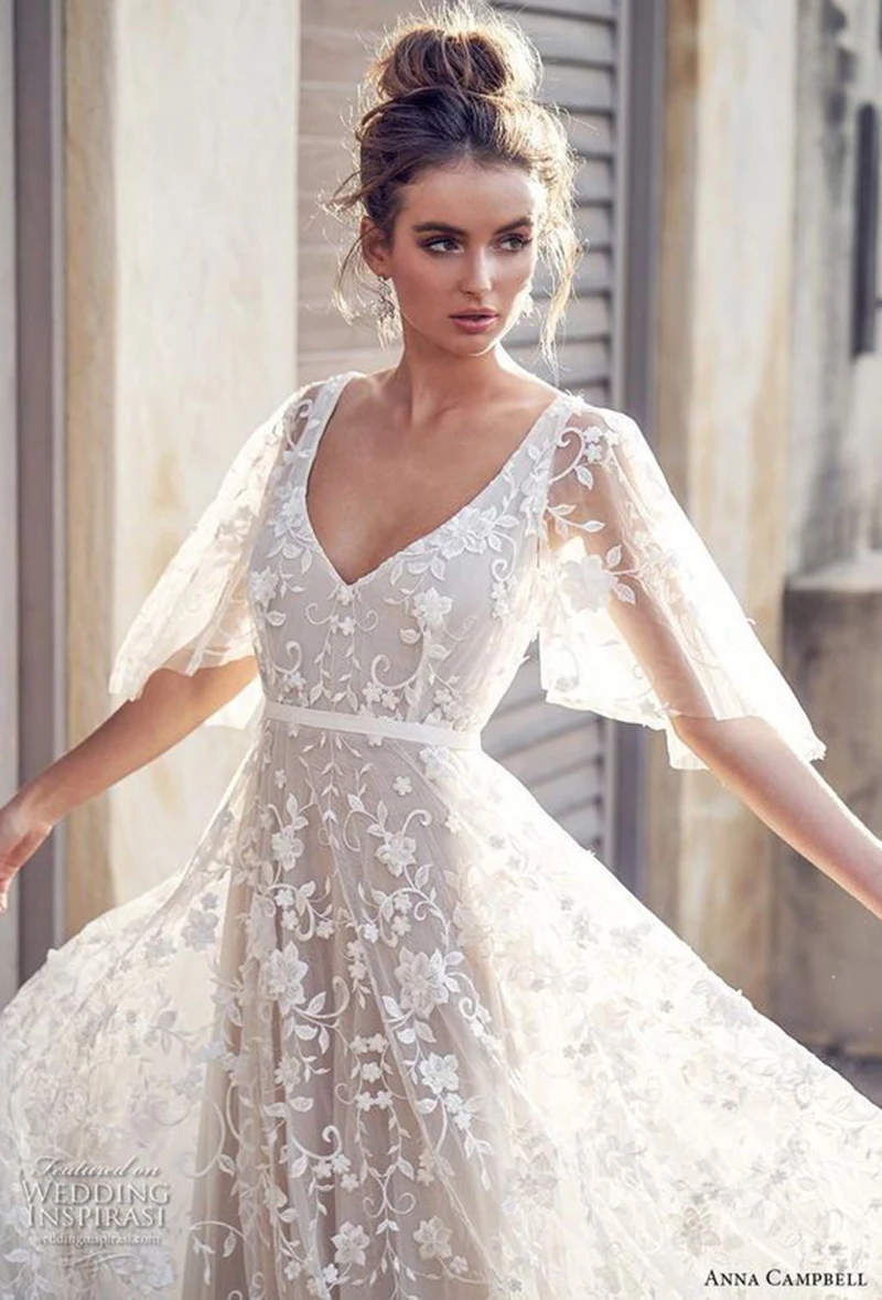 Vestidos De novia De encaje blanco para mujer, mangas acampanadas, cuello De pico profundo, novia De sirena, Vestido De baile De graduación, ajustado con lentejuelas, elegante