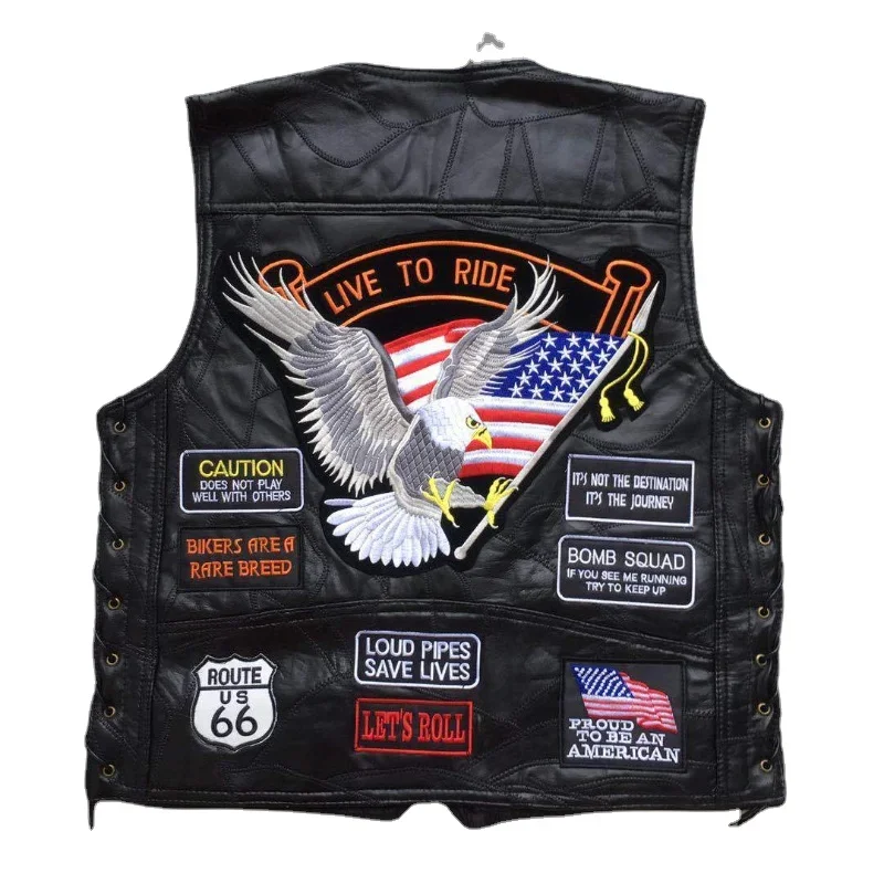 American Motorcycle Riding Waistcoat Leather Vest Men\'s Leather Vest Single Breasted V-neck Embroidered Badge Multi-style Clip