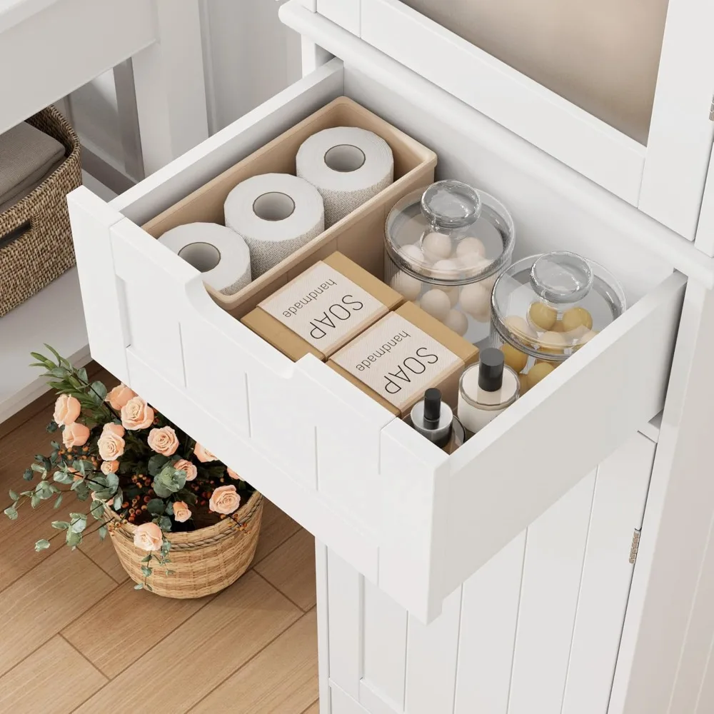 خزانة حمام طويلة بطول 67 بوصة، خزانة حمام من الكتان قائمة بذاتها مع أبواب ورف قابل للتعديل، أرضية مطبخ ضيقة