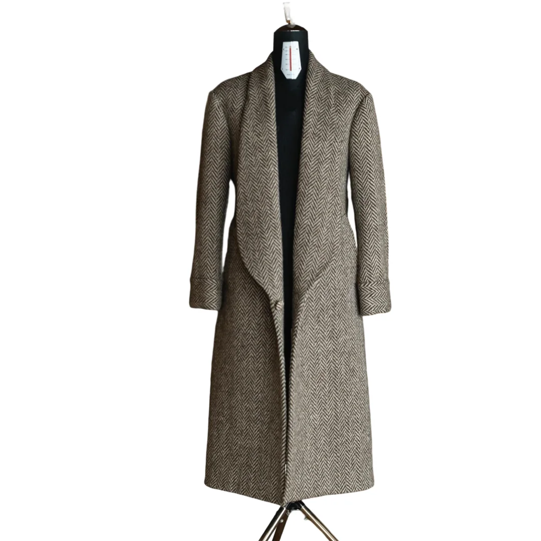 Wool Blend Coat Men Over Jacket with Belt Herringbone Pattern Double Breasted Overcoat Plus Size Warm Formal Business Tailored