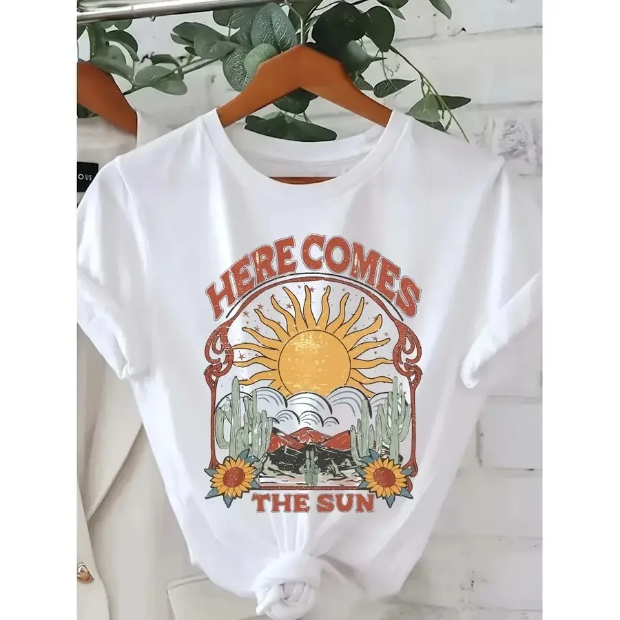 Wo Short Sleeve Crew Neck T-Shirt - "Here Comes The Sun" Desert Sunset Graphic …
