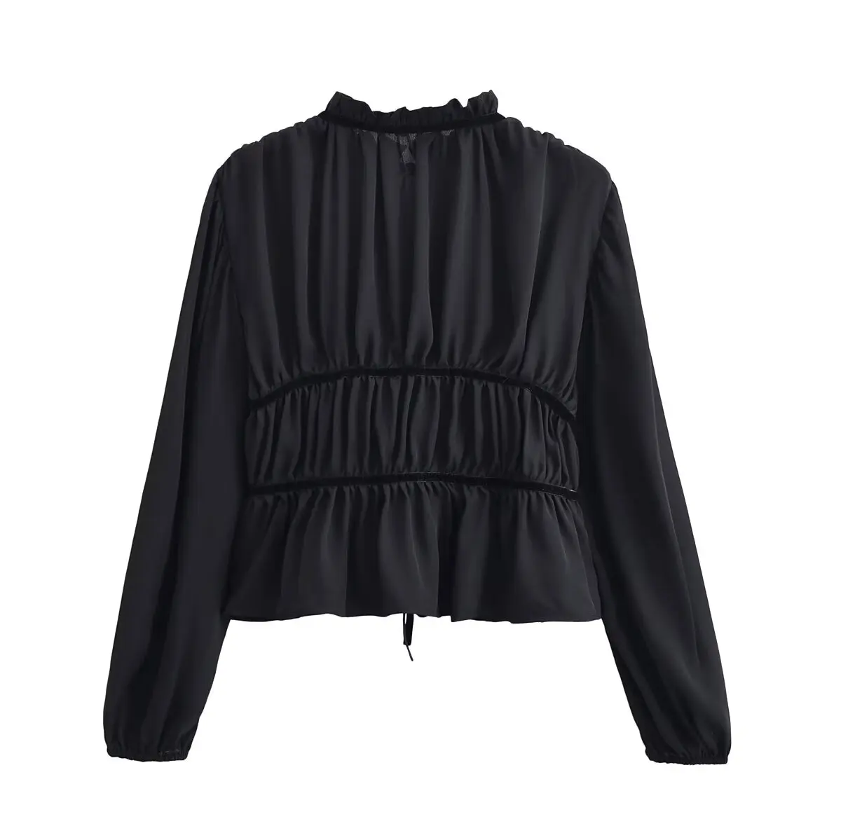 المرأة ربيع الخريف موضة س الرقبة بلوزة الإناث طويلة الأكمام القوس الدانتيل متابعة مطوي الديكور قميص سيدة سليم فضفاض بلوزة سوداء