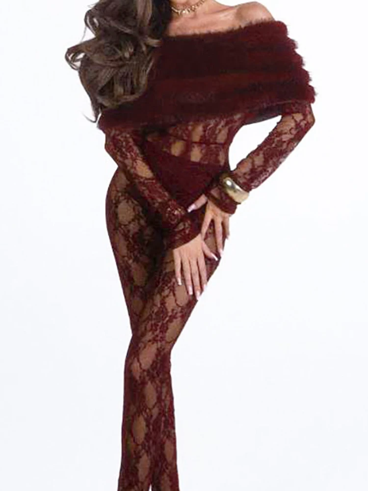 

Сексуальные кружевные комбинезоны на одно плечо с меховой шалью, однотонные прозрачные узкие вечерние комбинезоны для горячих девушек, новый тонкий комбинезон с длинными рукавами