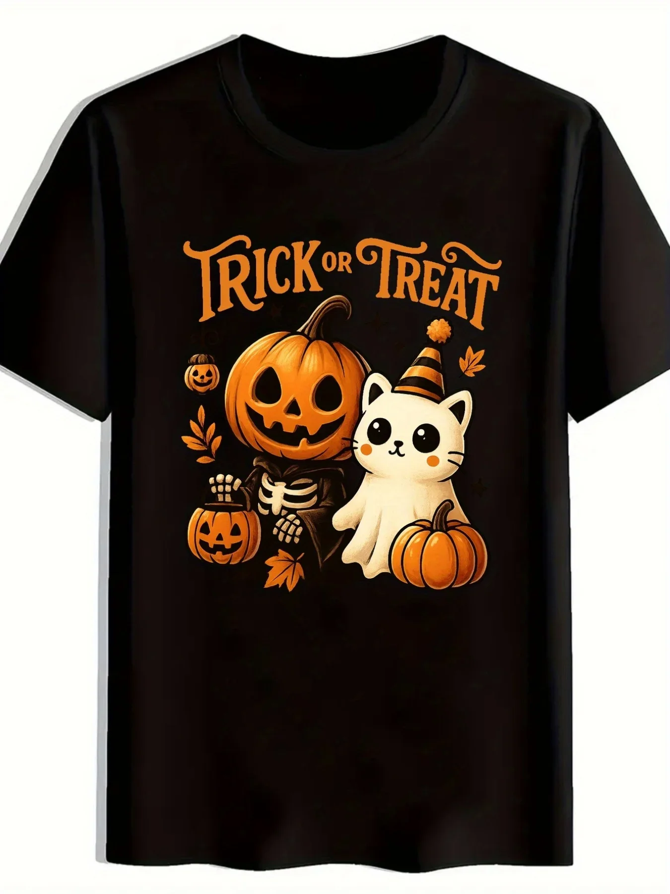 

Trick or Treat Skeleton Cat Graphic T-Shirt Men's Casual Cotton Round Neck Tee