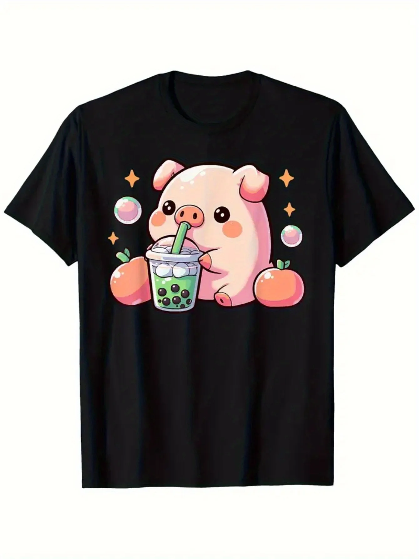 

Cute pig drinking milk tea printed short-sleeved T-shirt casual and versatile style suitable for children's daily summer wear