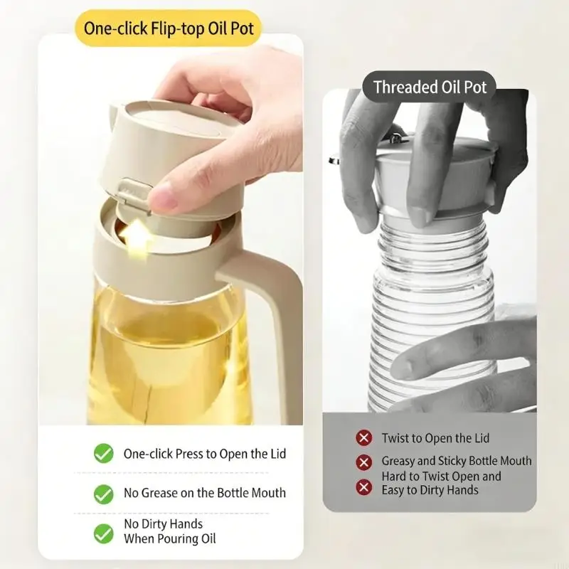   Excellent 470ml Glass Oil Bottle Safe Single Touch Lid Sprinkle Function Cooking Essential Tool