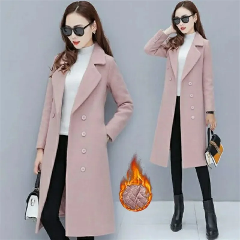 Female Woolen Coat Velvet 2023 Women's Double-Breasted Woolen Coat Spring and Autumn Woolen Coat Fashion Suit Collar ThickTrench