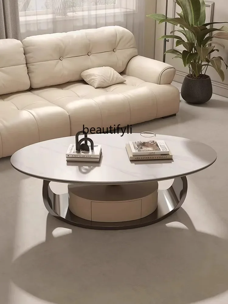 

Light Luxury Stone Plate Coffee Table Modern Minimalist Living Room Home Oval Size Combination Designer with Drawer