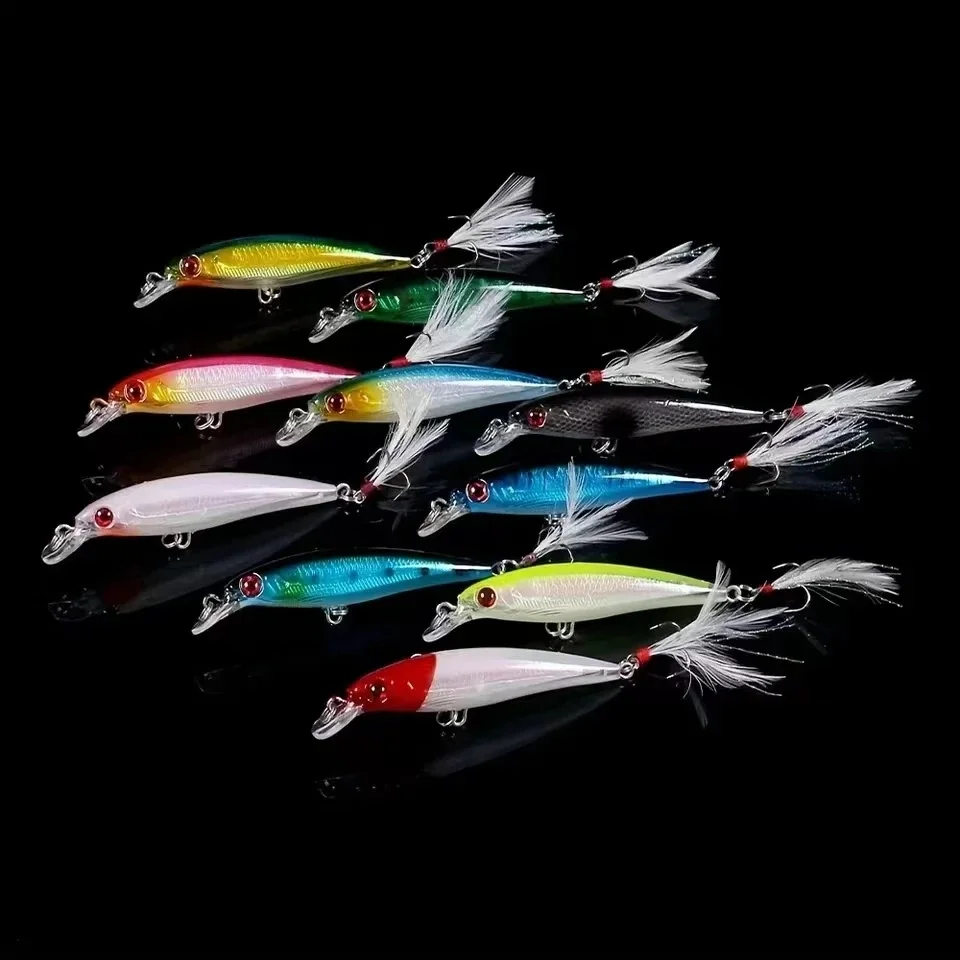 10pcs Larser Minnow Fishing Lures Set Catch Bass Faster with Feather Hook Artificial Bait Crankbait 9cm/7g image 4