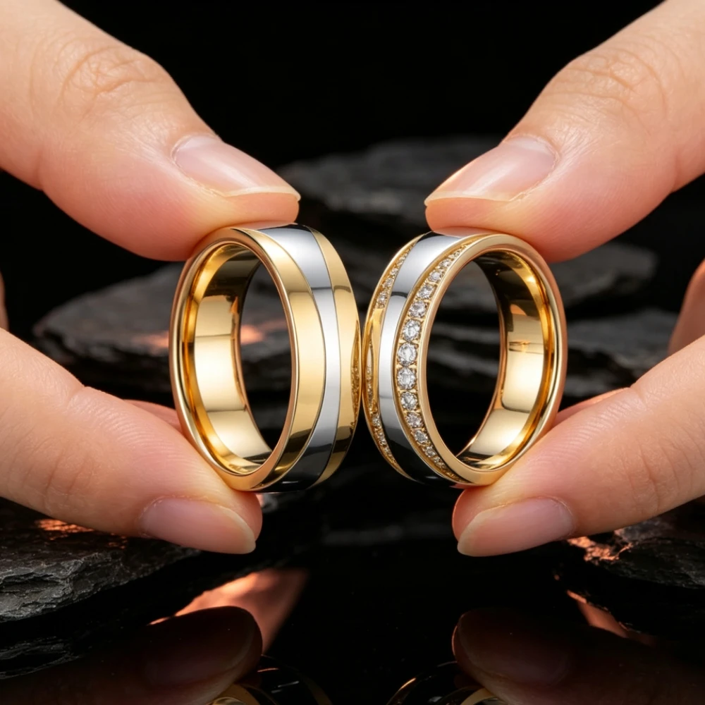 1 Pair Two-Tone Diagonal Spliced Golden Double-Row Cz Stones Women’s Ring 316L Stainless Steel Promise Couple Wedding Rings