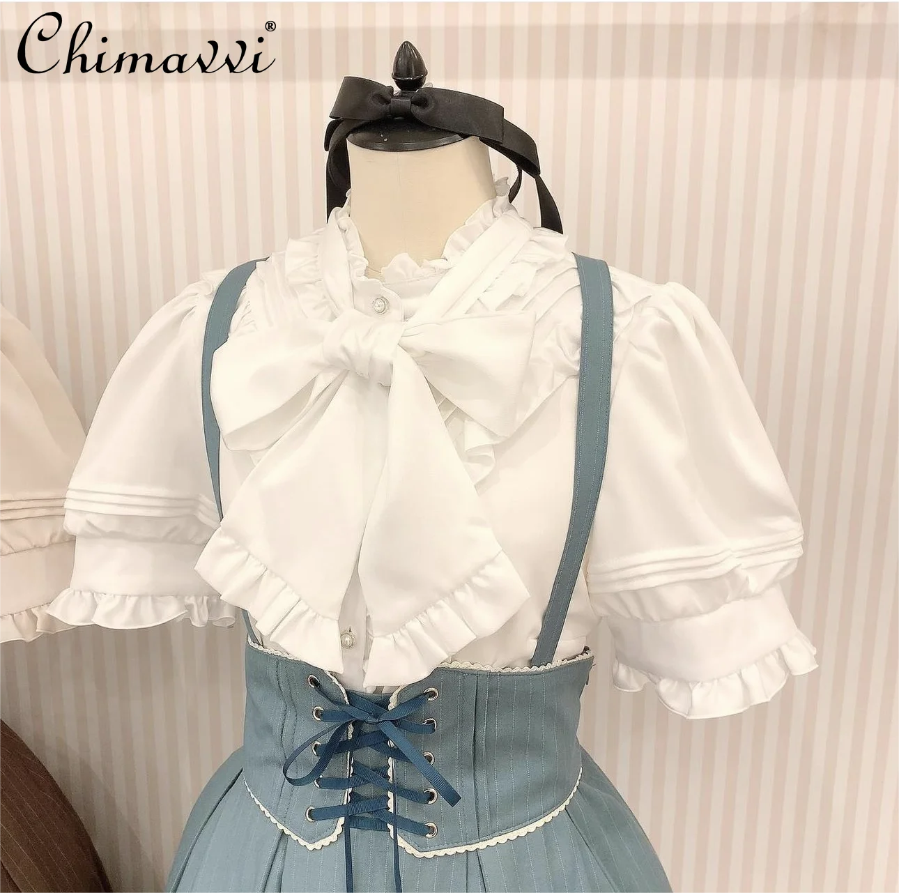 Summer New Japanese Style Sweet Cute Lace-up Bow Collar Short Sleeve Shirt Wooden Ear Bowknot Solid Color Top Ladies Blouses