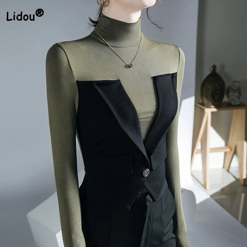 

Korean Slim Solid Color Spliced T-shirt for Female Autumn Winter New Fashion Turtleneck Fake Two Pieces Tops Women's Clothing