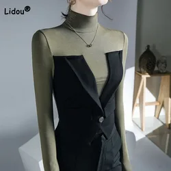 Korean Slim Solid Color Spliced T-shirt for Female Autumn Winter New Fashion Turtleneck Fake Two Pieces Tops Women's Clothing