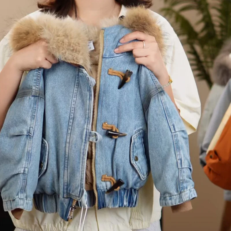 Kids Winter Thicken Denim Coat 2026 New Korean Fashion Casual Daily Fleece-lined Plush Hooded Cotton-padded Parkas