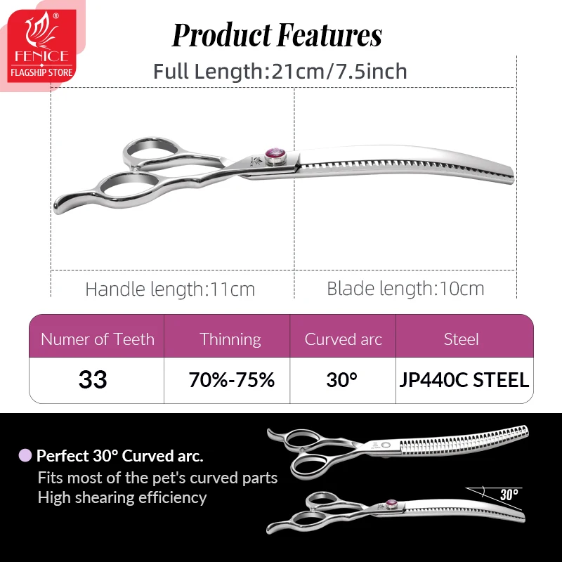 Fenice High-end 7.5 inch JP440C Steel Reverse Blade Curved Chunker Thinning Scissors Thinning 75% for Pet Groomers