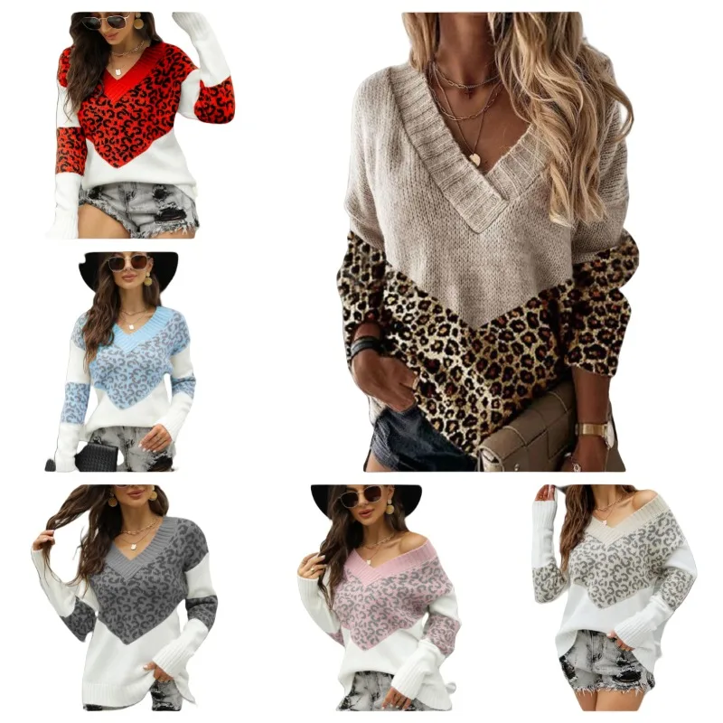 

Women's Leopard Print Patchwork V -Neck Sweater Casual Loose Knit Pullover for Autumn and Daily Outfits