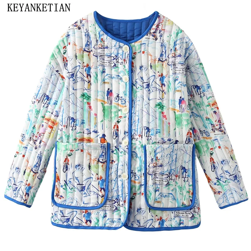 

KEYANKETIAN 2024 New Women Hand Print Quilting Quilted Jacket Retro style Double Pockets Buttons Oversize Outerwear Short Coat