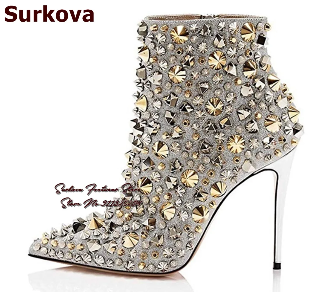 Surkova Glitter Gold Metallic Studs Ankle Boots Stiletto Heel Silver Shell Spikes Pointed Toe Booties Celebrity Dress Shoes