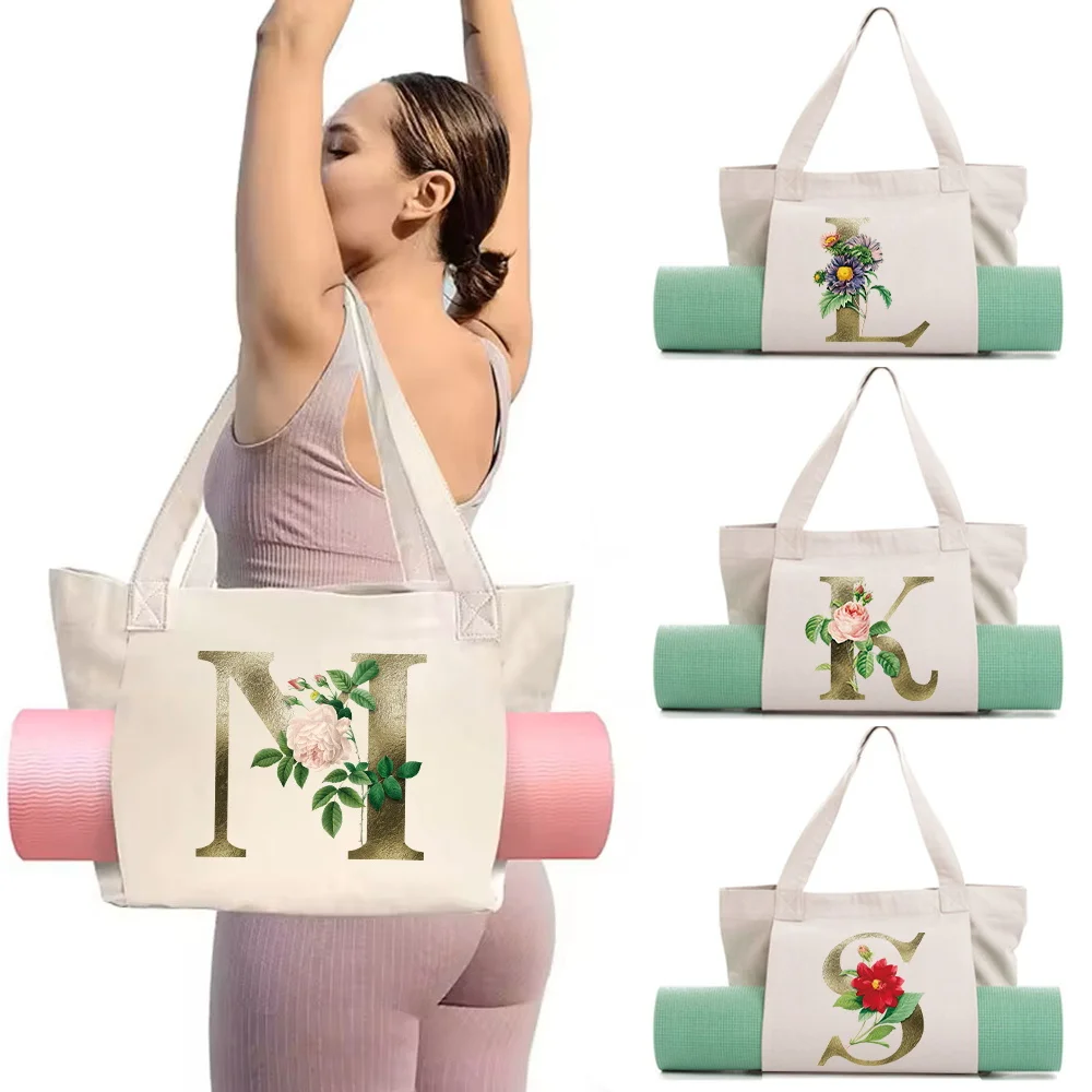 Gym Bags Canvas Handbag Yoga Mat Tote Bag Pocket Large Capacity Pilates Shoulder Bag Storage Golden Flower Printing Series