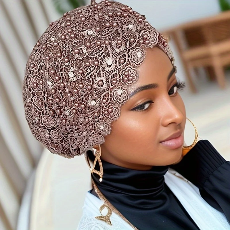 Popular hot-selling lace beaded head hat Baotou hat women\'s Arabic gauze scarf ethnic style Hui headscarf hat