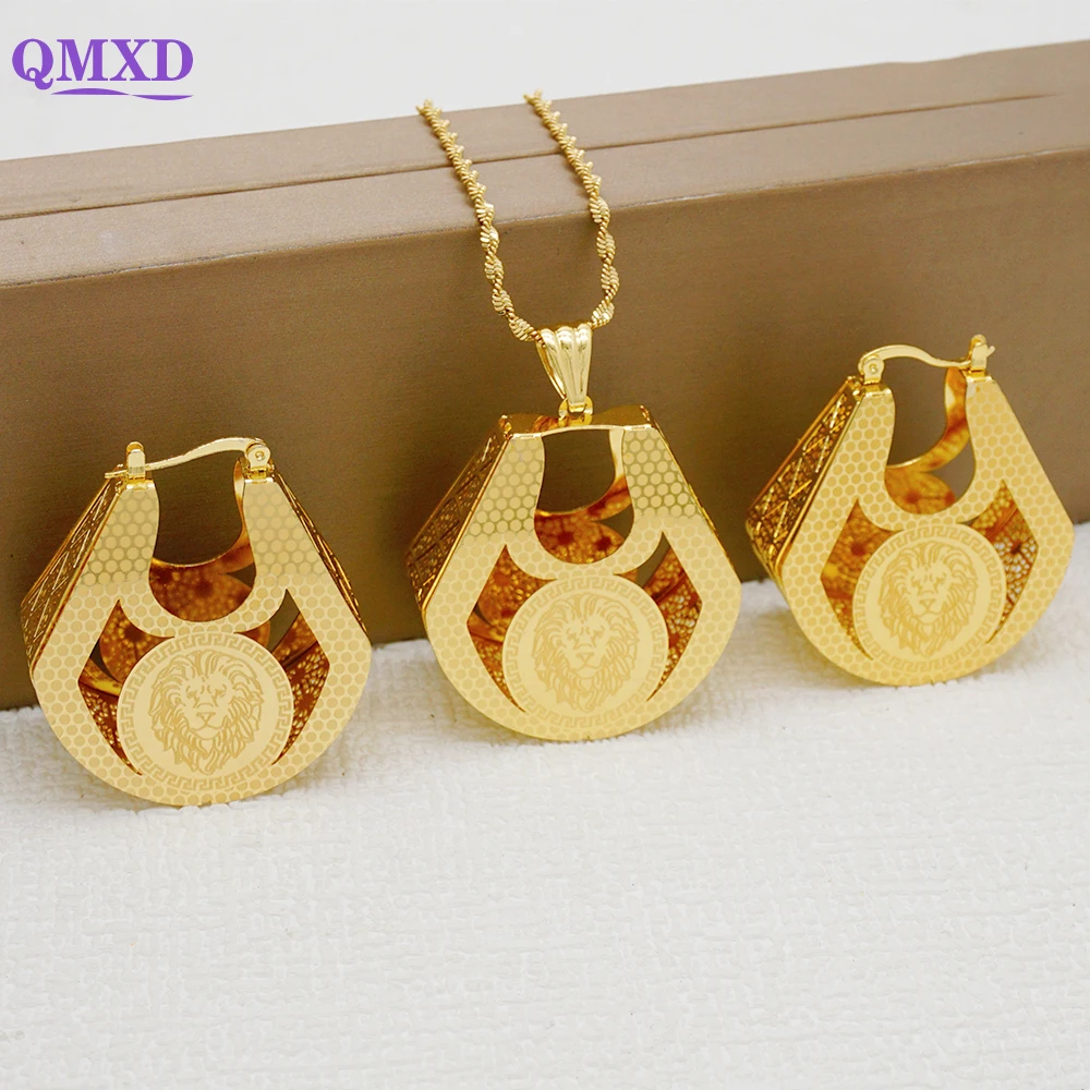 

Fashion Ethiopia Dubai Gold Color Jewelry Sets African Women Wedding Gifts Necklace Pendant Copper Jewelry Accessories