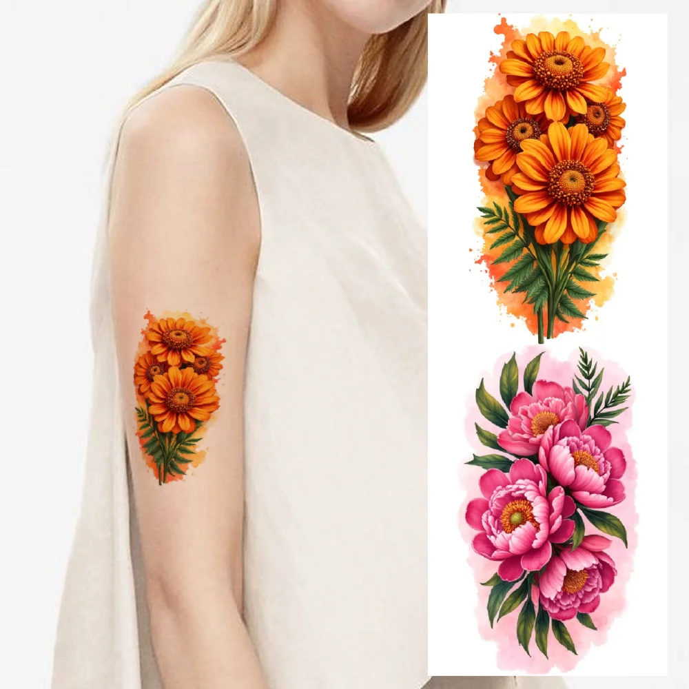 

9pcs Temporary Tattoo White Lily Colorful Realism Yellow Daisy Blue Rose Waterproof Long-lasting Body Stickers Flower Tattoo For