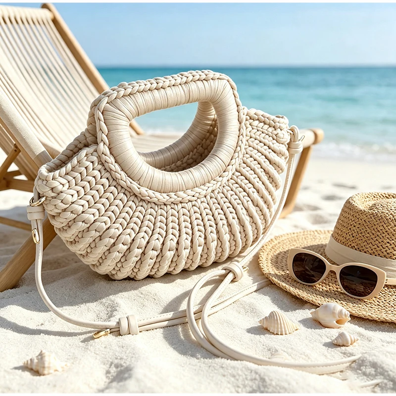 Gestrickte Garn-Umhängetasche, Einfarbige Damen-Handtasche, Schlichte Casual-Strandtasche für den Urlaub am Meer – Detail 12