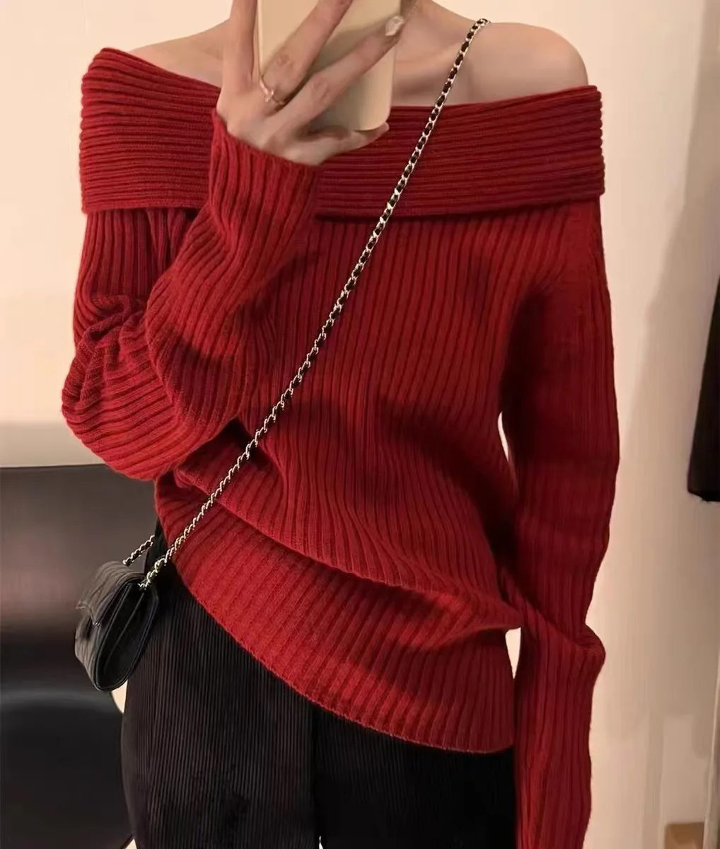 2024 new autumn and winter high-end wear sweater women\'s bottoming one-shoulder off-shoulder sweater women\'s clothing